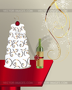 Wine bottle and cake - vector clipart