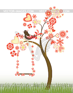 Tree with hearts and flowers and swing - vector image