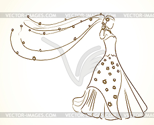 Wedding dress with flowers in veil - vector image