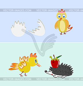 Chicken and hedgehog - vector clipart