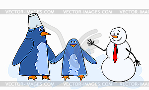 Funny penguins and snowman - color vector clipart