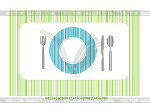 Нож, тарелка и ложка стилизованные под штрих-код - изображение в векторе