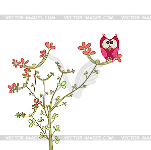 Owl on brunch with flowers - vector clipart