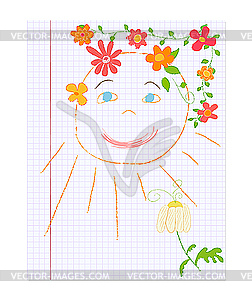 Sun between flowers childlike drawin - vector clip art
