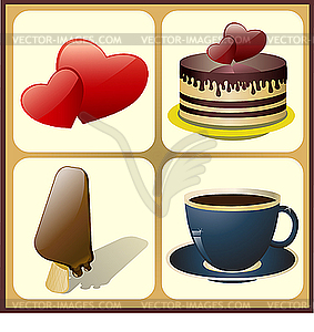 Ice cream, cake, coffee cup with hearts - vector image