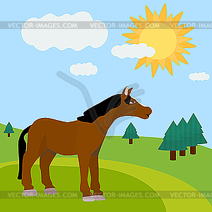 Rural landscape with horse - color vector clipart