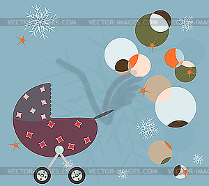 Зимний фон с детской коляской - векторный клипарт