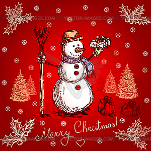 Red christmas card with snowman - royalty-free vector image