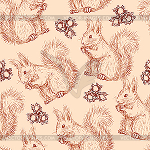 Seamless pattern with squirrels and nuts - vector clip art