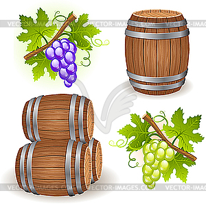Wooden barrels and grape - vector image