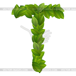 Letter T of green leaves alphabet - vector image