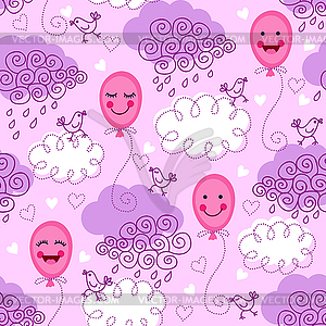 Seamless pattern with balloons and clouds - vector image