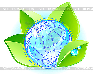 Ecology concept with globe and leaves - vector clip art