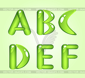 Зеленые блестящие буквицы ABCDEF - изображение в векторном формате
