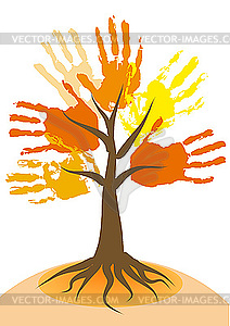 Autumn tree with hands-branches - color vector clipart