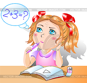 Little pretty girl studies mathematics - vector clipart