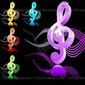 Treble clef in 5 colors - vector clip art