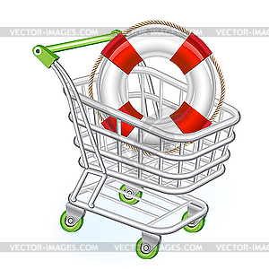 Shopping cart with lifebelt - vector image