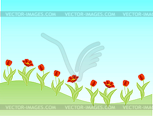 Meadow with red tulips, background - vector clip art