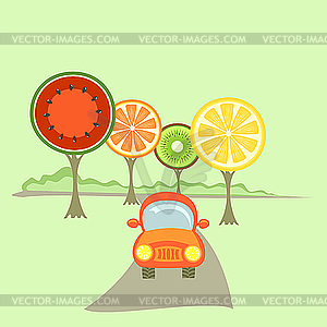 A car and fruit-like trees - vector clipart