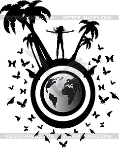 Silhouette girl on globe - vector image