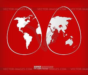 Two white easter eggs with global map pattern - vector image