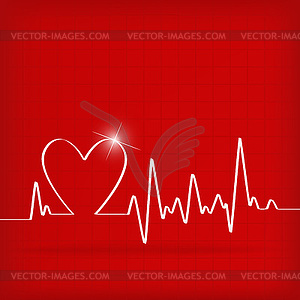 Белое Сердце Бьется Кардиограмма на красном фоне - векторное изображение