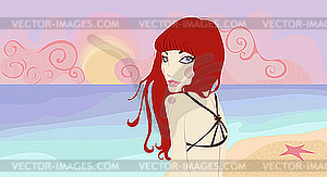 Pretty woman on the beach - vector clip art