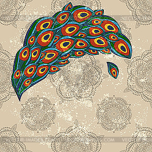 Peacock feathers on seamless wallpaper - vector clip art