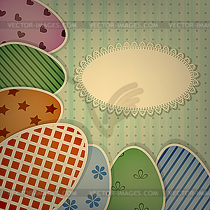 Easter card with colorful eggs and lacy napkin - vector clipart