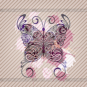 Background with butterfly, splashes and stripes - vector clipart