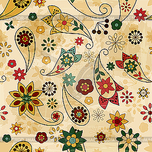 Seamless pattern with paisley elements and flowers - vector image