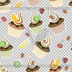 Seamless pattern with cupcakes, fruits and berries - vector clip art