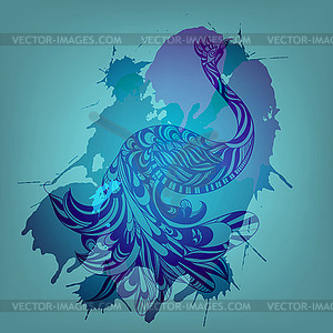 Background with blue peacock and grungy splashes - vector clip art