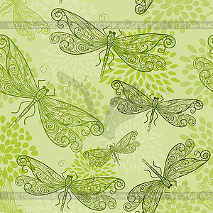 Seamless pattern with green dragonflies and flowers - vector clipart