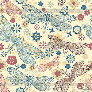 Seamless pattern with dragonflies and flowers - vector image