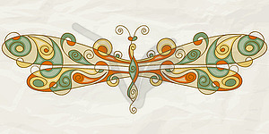 Stylized dragonfly on crumpled paper texture - vector image