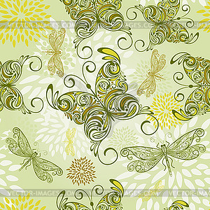 Seamless pattern with butterflies, dragonflies, and - vector clipart / vector image