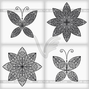 Set with 2 Butterflies and 2 Flowers - vector image