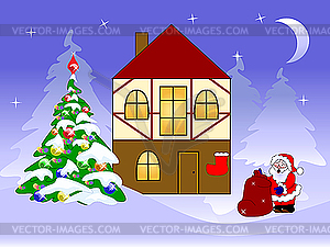Рождественская открытка с Дедом Морозом - клипарт в векторном виде