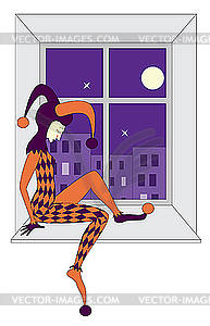 Sad harlequin sleeping on windowsill - color vector clipart