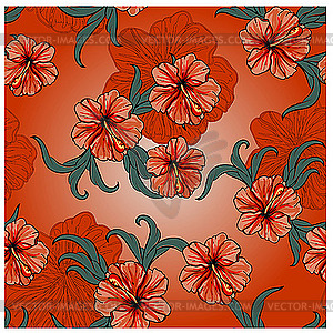 Spring pattern with hibiscus flowers and leaves - vector EPS clipart