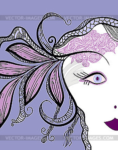 Funky woman's face with floral ornament - vector image