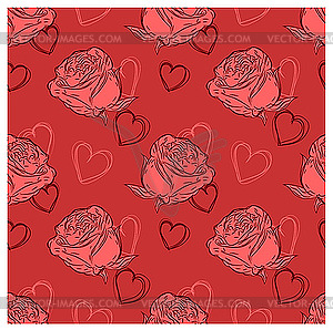 Бесшовный фон с розами и сердцами - векторное изображение EPS