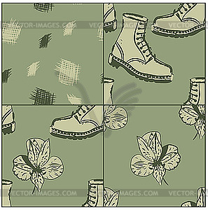 Seamless grunge background with boots and flowers - vector clipart