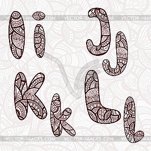 I,j,k,l letters with abstract ethnic floral pattern - vector clipart