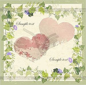 Vintage greeting card with wild ivy and hearts - vector image