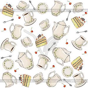 Background of coffee pots, cups and cakes - vector clipart