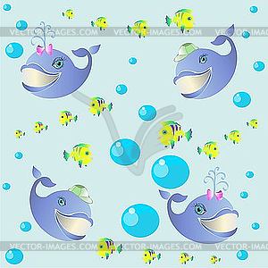 Background of cartoon whales and fish - vector clipart