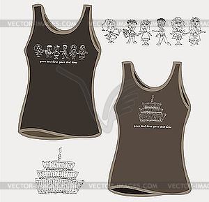 Women`s t-shirt designs with cake and chikdren - vector clipart